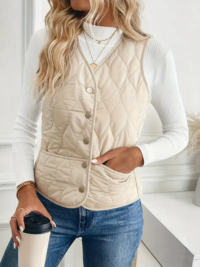 A quilted gilet layered over a roll neck